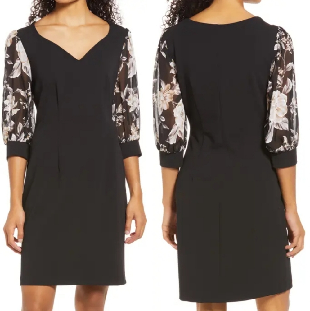 NWOT Floral Puff Sleeve Sheath Dress Mesh Sheer Midi Sweetheart Formal LBD Sexy